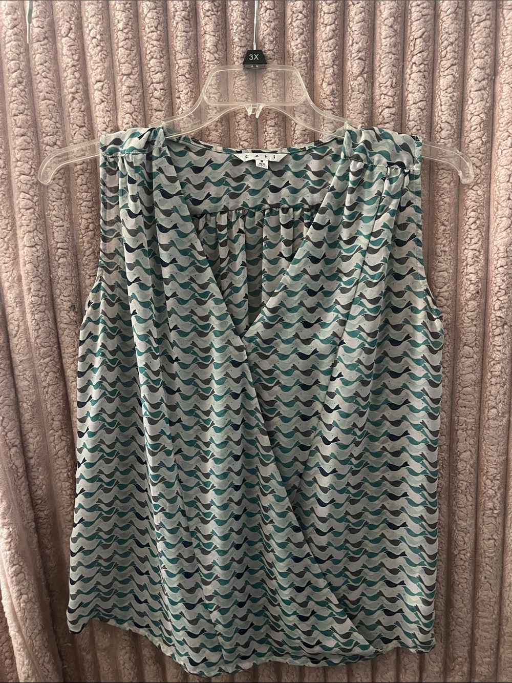 CAbi Teal and Gray Bird Print Sleeveless Top